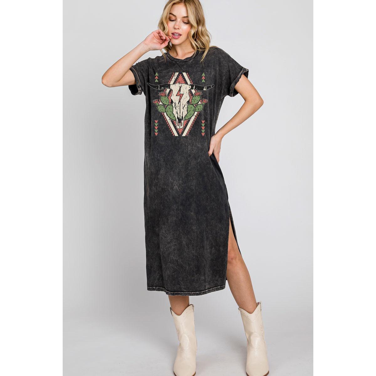 CACTUS COW GRAPHIC DRESS - MINERAL WASH BLACK