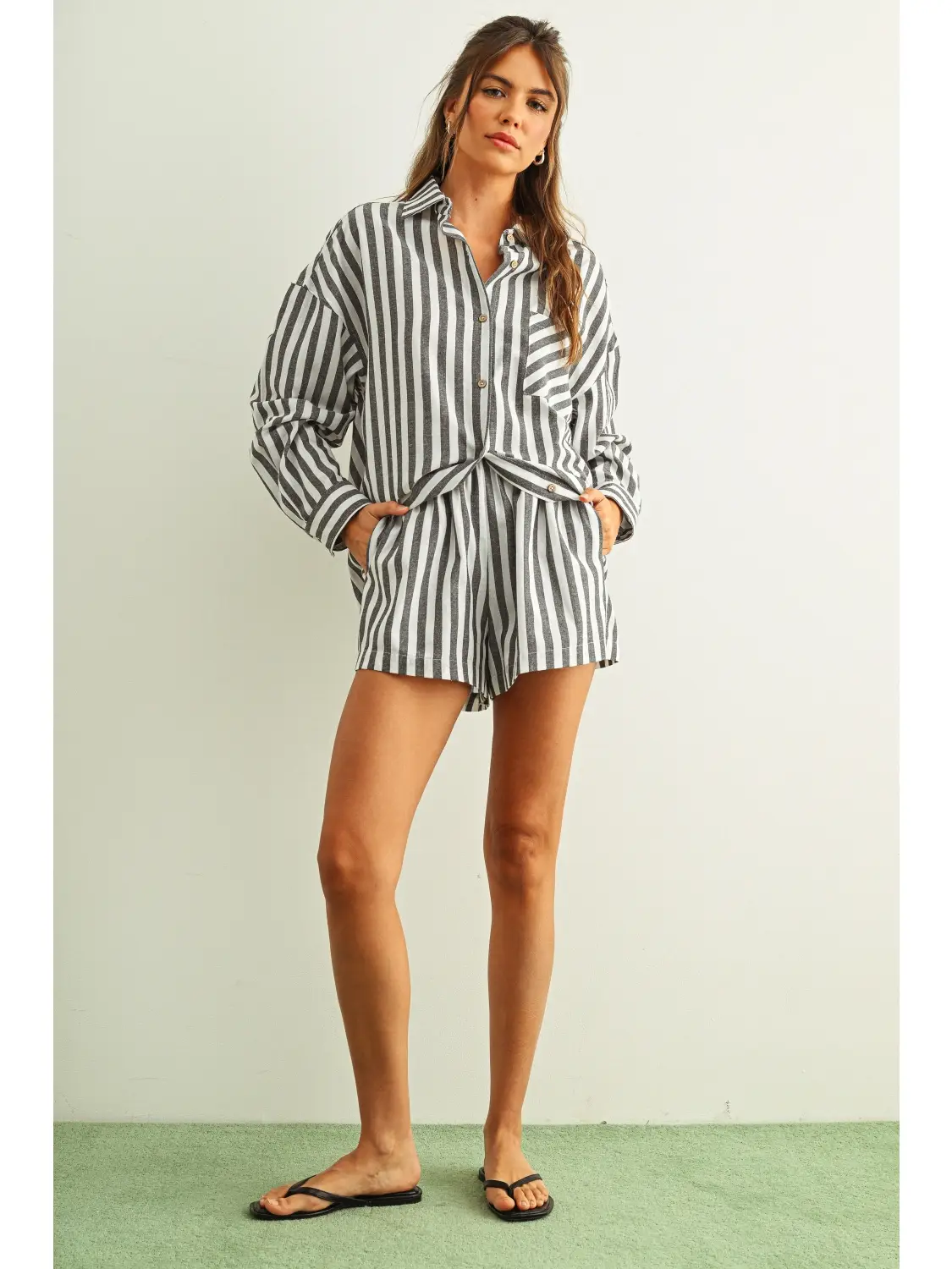 Striped Button Down Linen Shirts - BLACK