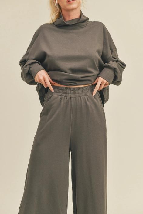 Grey Draped Mock Neck Top & Wide Leg Pant Set