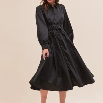 Pintuck Waist Tie Front Midi Dress - Black