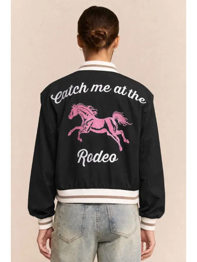 Retro Rodeo Embroidered Bomber Jacket - BLACK