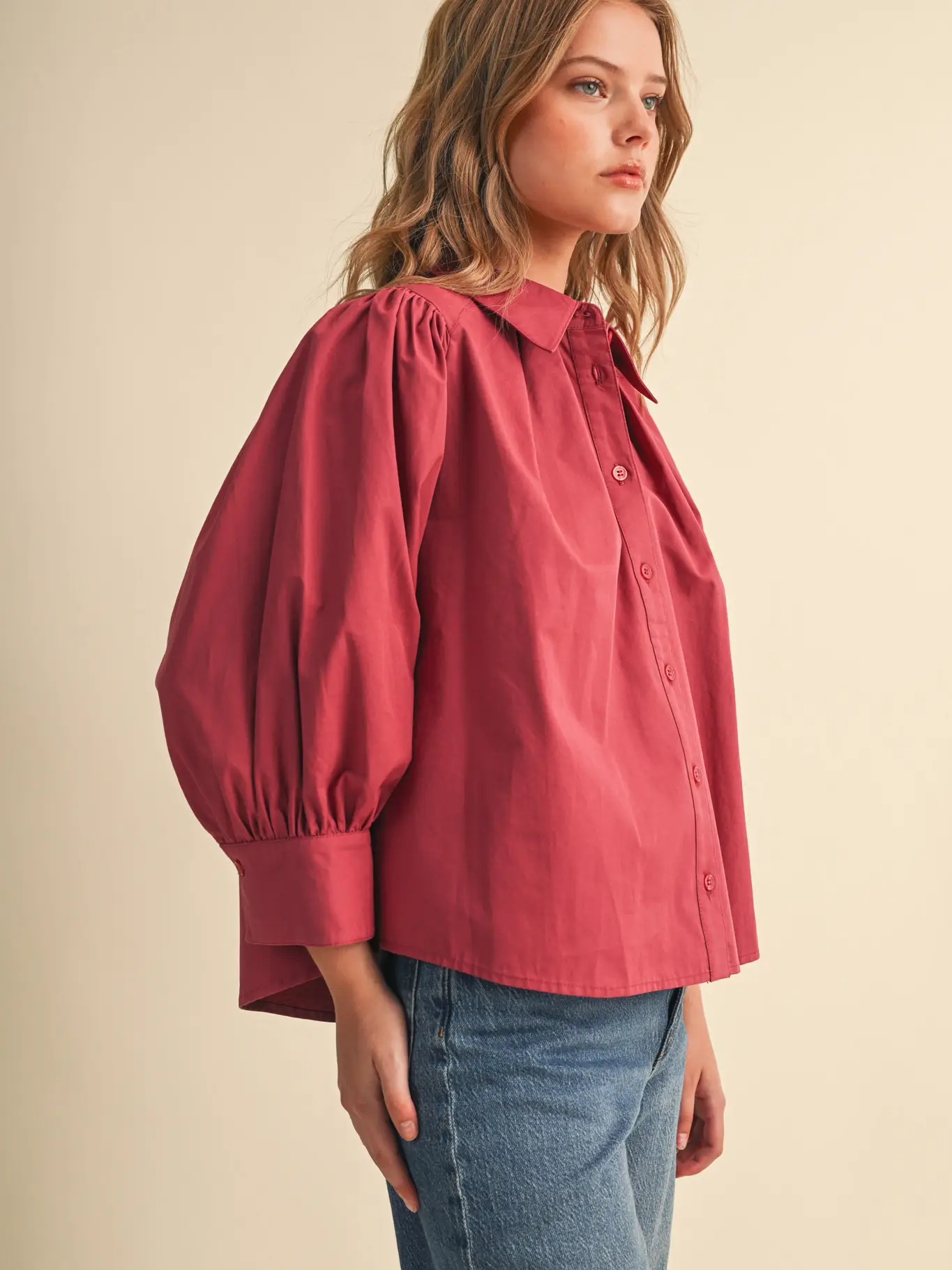 Puff Sleeve Button Down Top - ROSEWOOD PINK