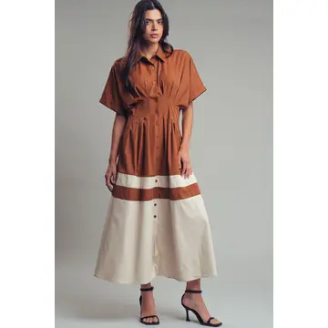 Colorblock Button-Up Cotton Midi Dress - BROWN