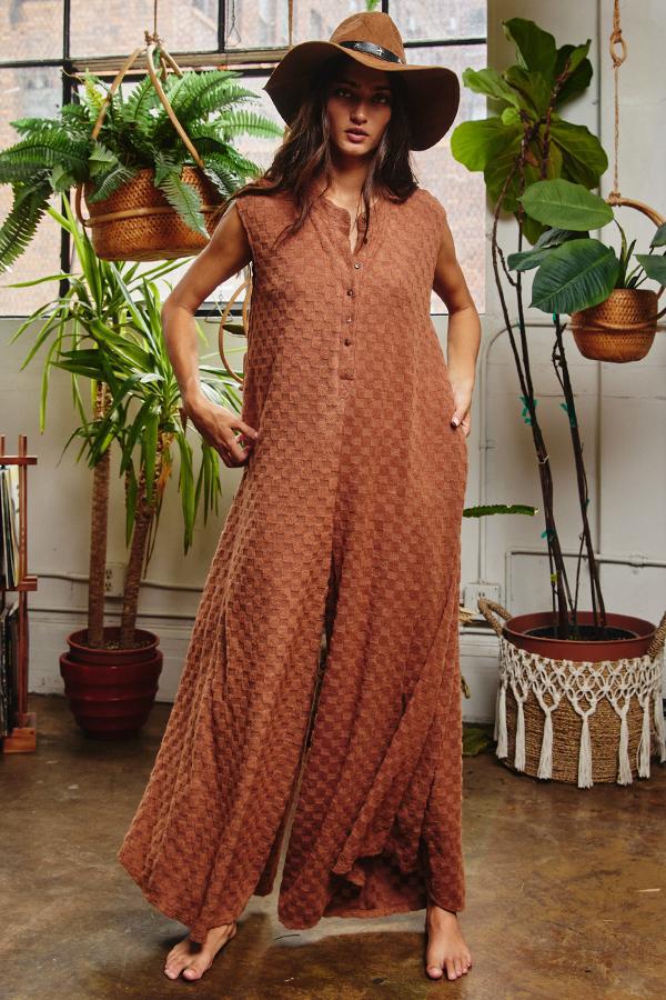 Wide Leg Chess Board Textured Brushed Knit Jumpsuit - CAMEL