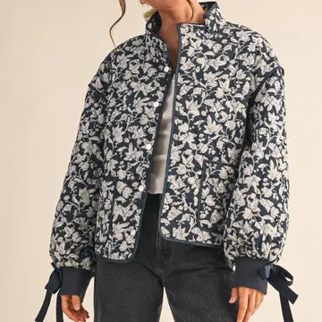 Floral Quilted Jacket with Ribbon Detail MJK3622 - navy floral