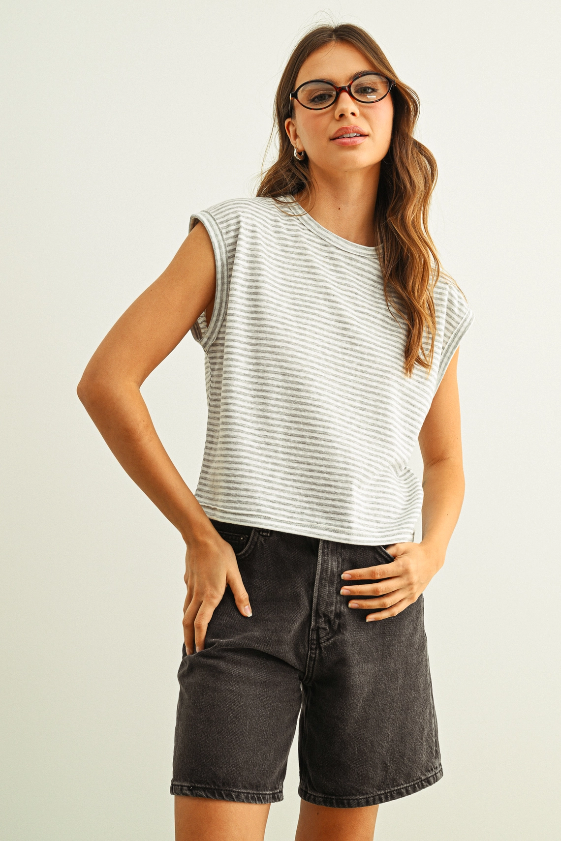 Stripe Pattern Slub Top - White Grey
