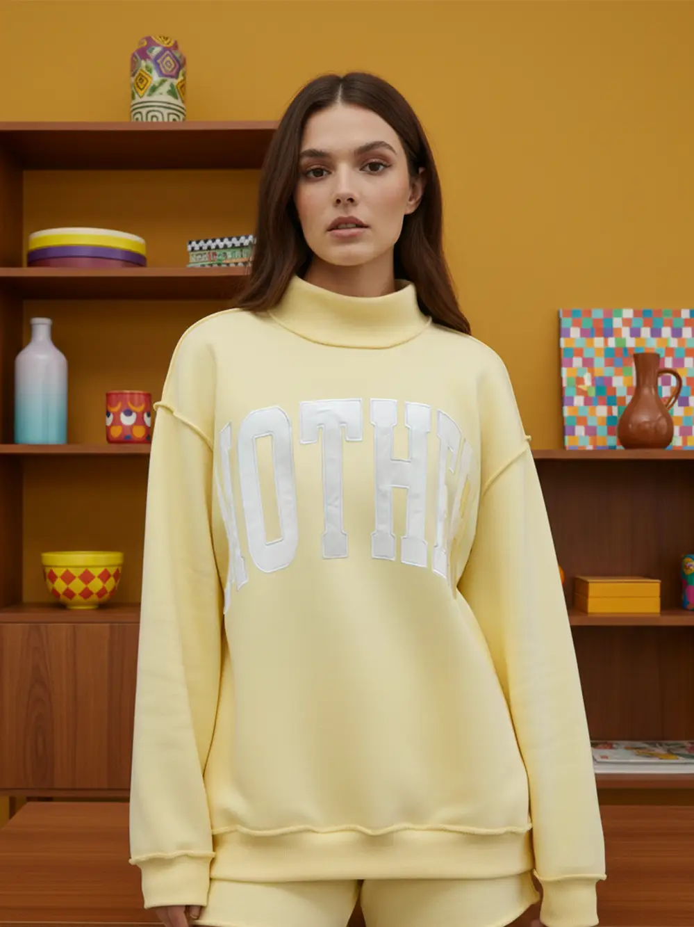 MOTHER | 'mother' Embroidered Mock Neck Sweatshirt