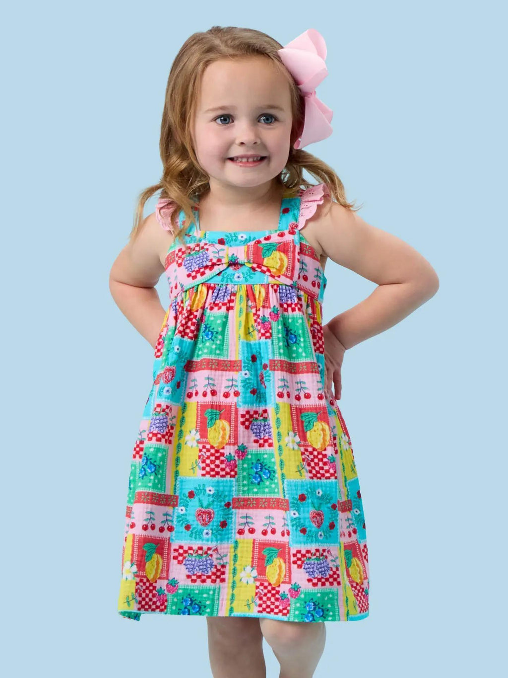 Girls Picnic Party Patchwork Cotton Gauze Flutter Bow Woven Dress