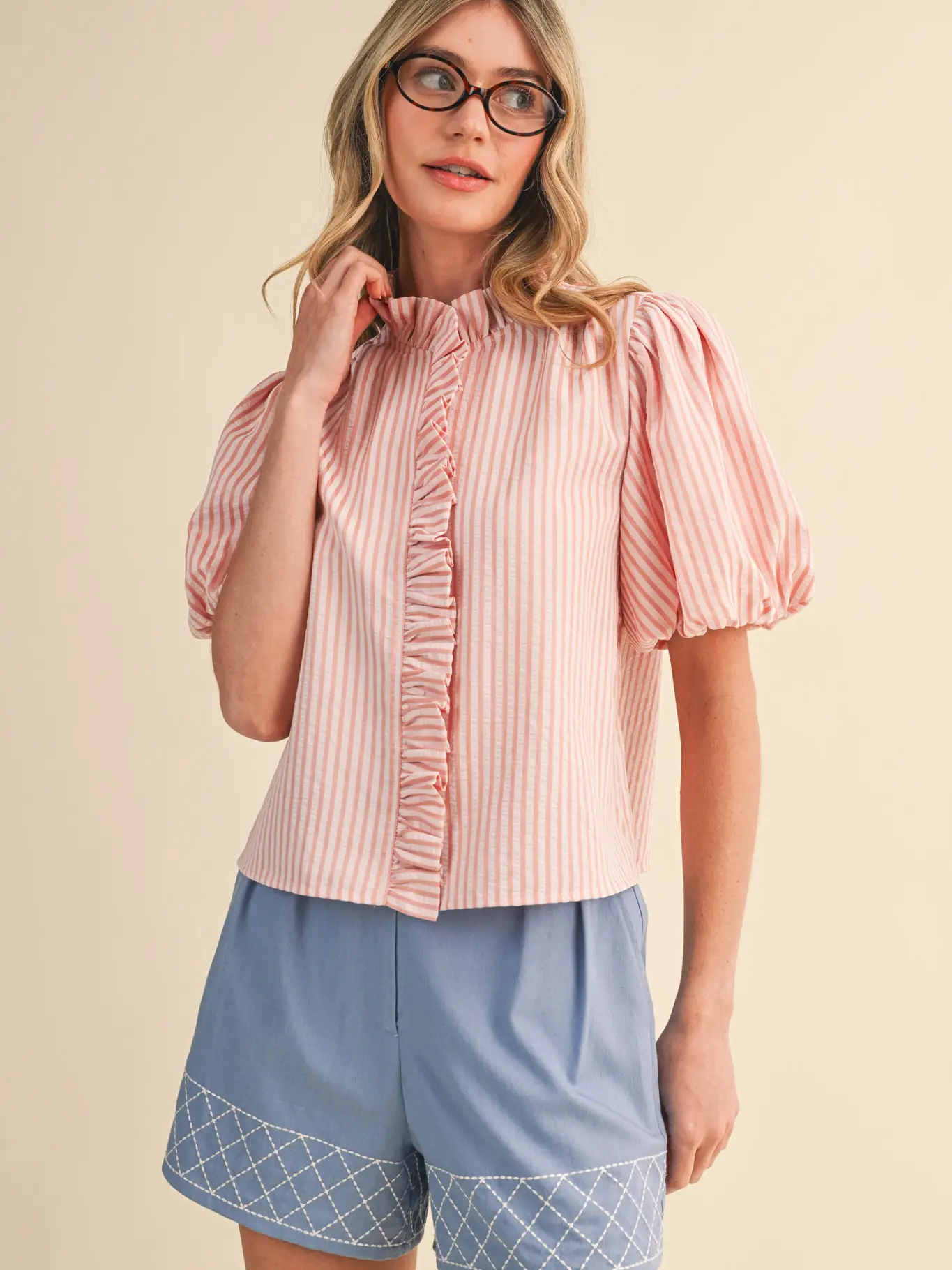 Striped Ruffled Button Down Top - PINK BLUSH