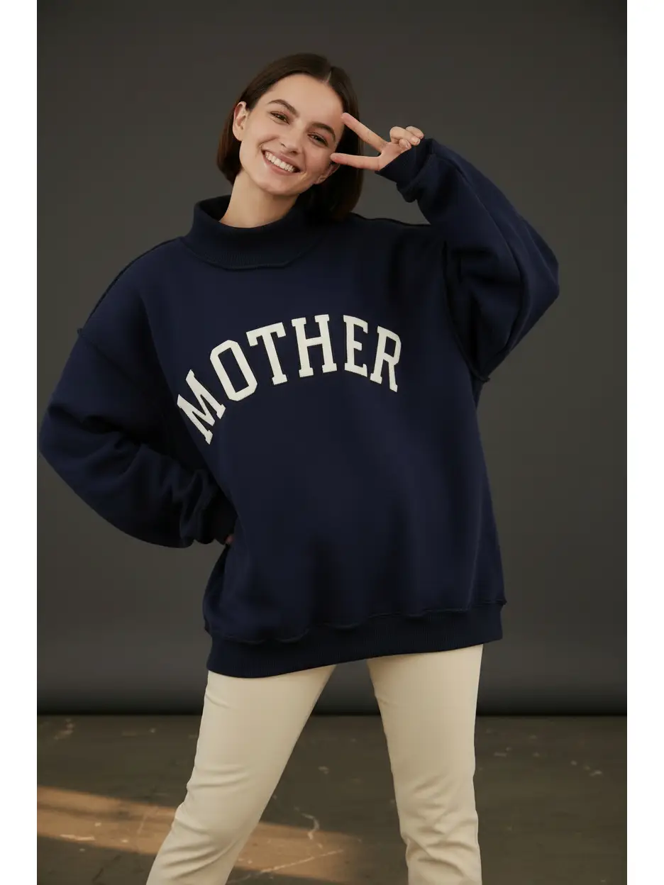 MOTHER | 'mother' Embroidered Mock Neck Sweatshirt - NAVY