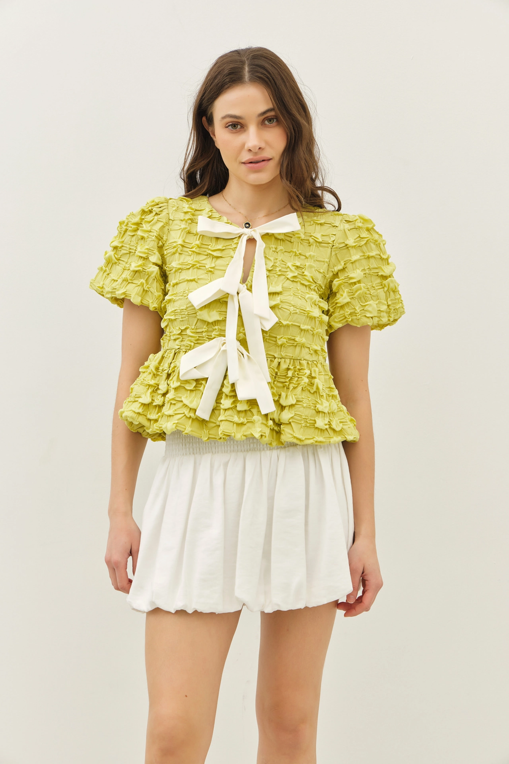 Pistachio - Bubble Babydoll Blouse with Textured Fabric and Contrast Bow