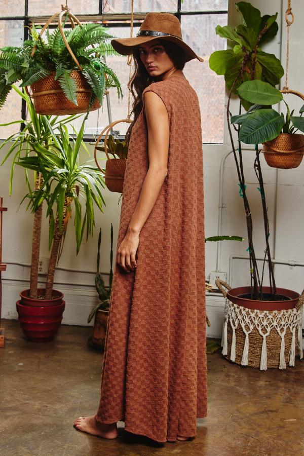 Wide Leg Chess Board Textured Brushed Knit Jumpsuit - CAMEL