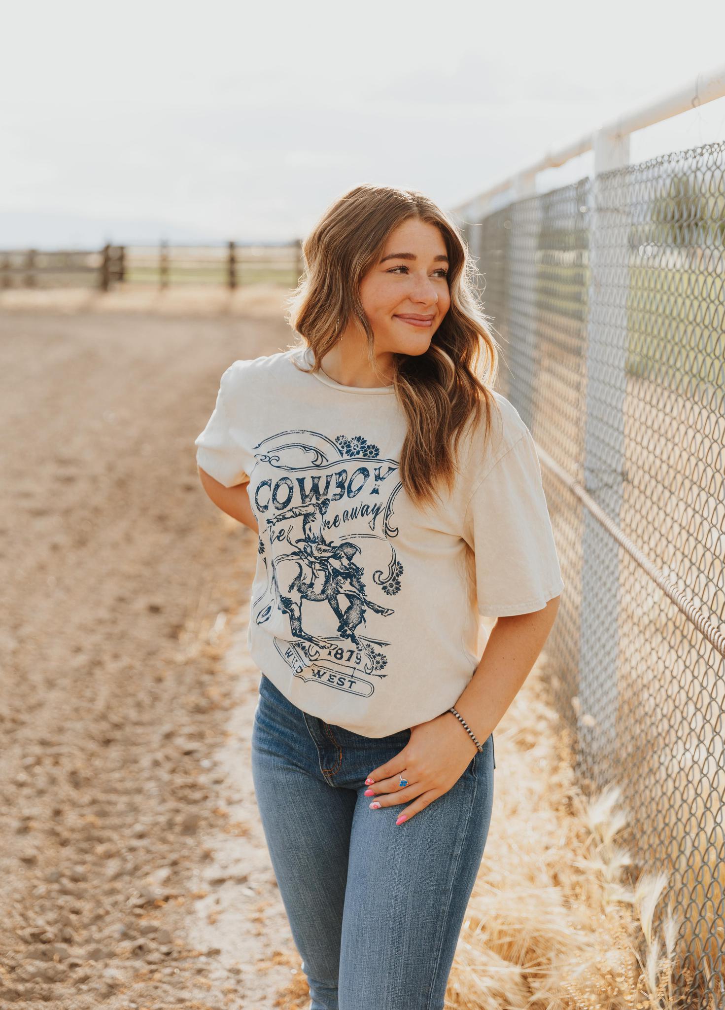COWBOY TAKE ME AWAY WILD WEST OVERSIZED GRAPHIC TEE - MINERAL OATMEAL