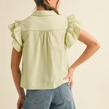 Embroidered Cut Out Button Down Top - SAGE LIME