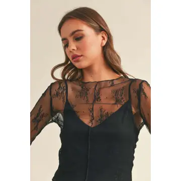 Long Sleeve Lace Fabric with Lining Insert Top - Black