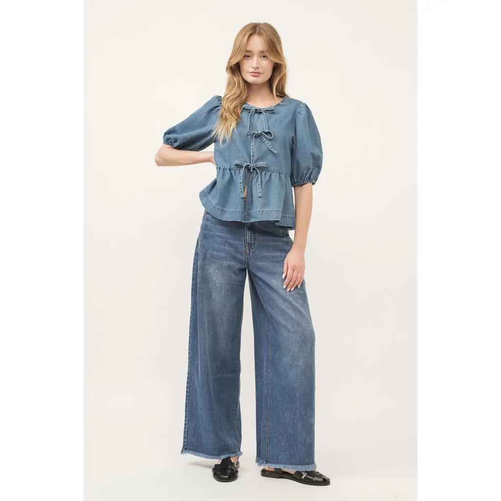 Denim Front Bow Tie Peplum Blouse