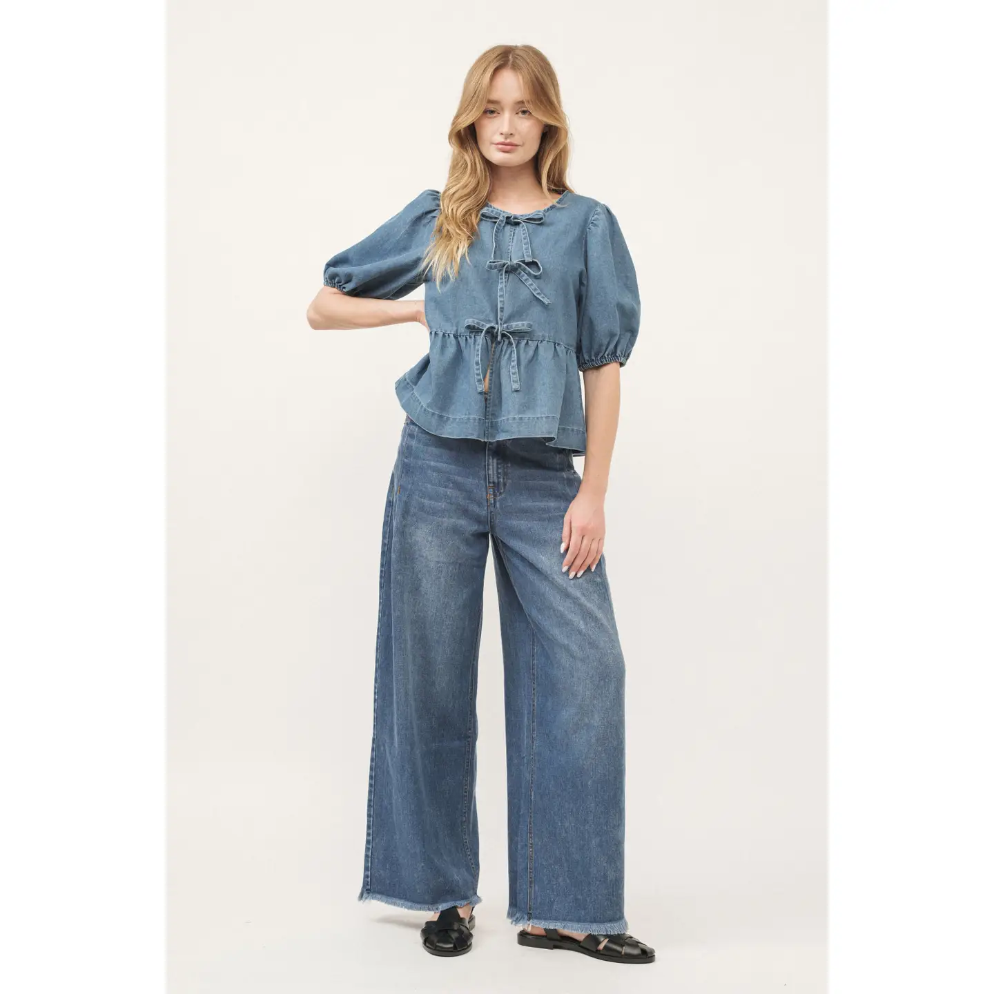 Denim Front Bow Tie Peplum Blouse