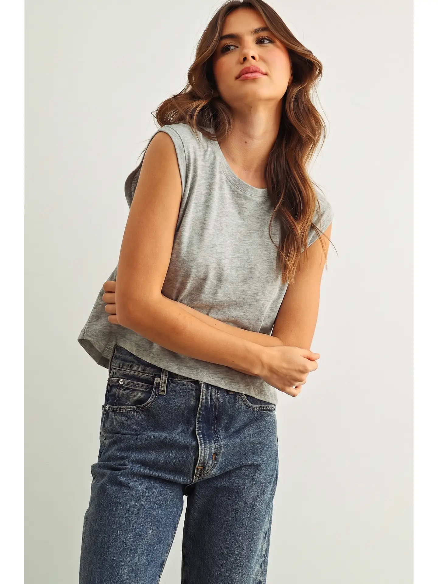 Round Neck Slub Top - HEATHER GREY