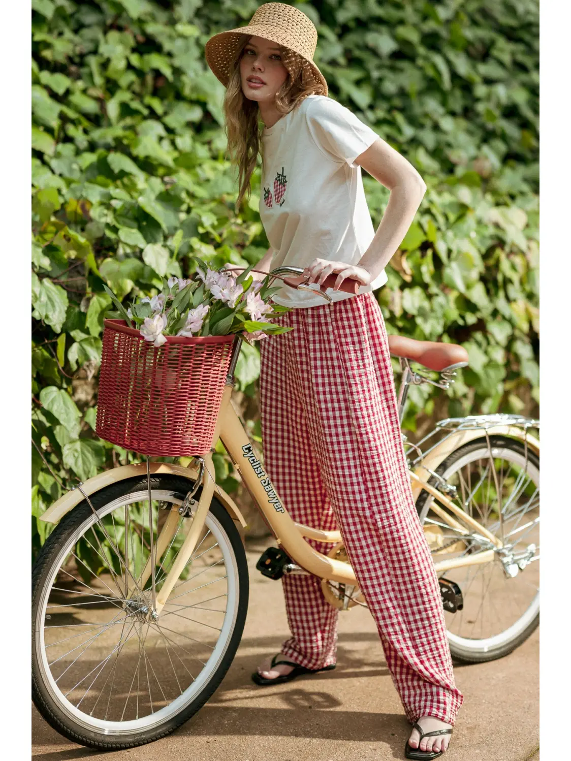 Gingham Pattern Elastic Band Waist Pants - RED & WHITE