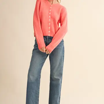 Marled Knit Sweater Cardigan - CORAL RED