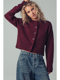 Relaxed Wool Blend Button-Up Cardigan - WINE