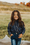 GIRLS L/S SHIRT SNAP RETRO PIPED FANCY YOKE 1724 NAVY/KHAKI FLORAL WALLPAPER PRT