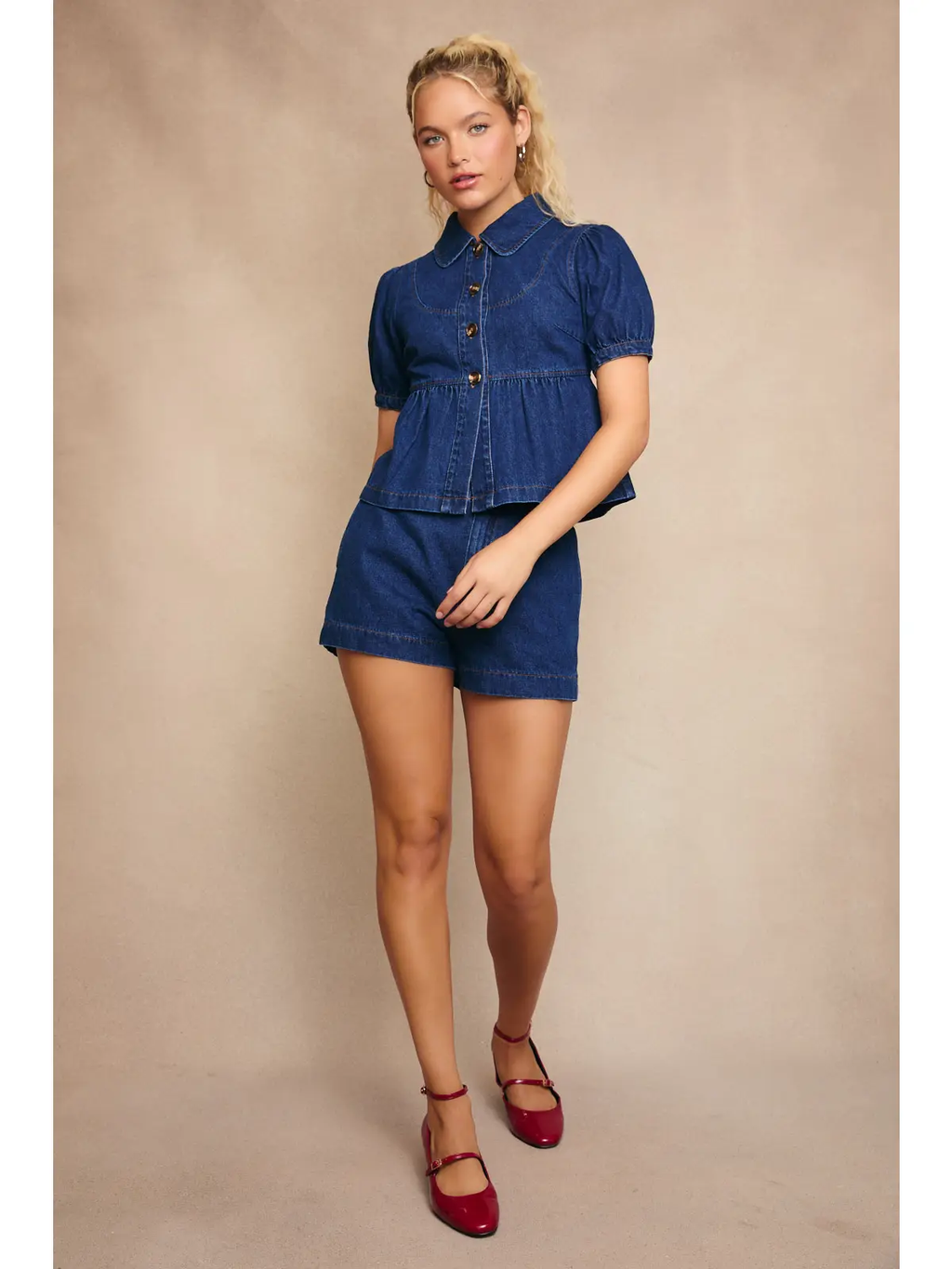 Peter Pan Collar Puff Sleeve Denim Top with Mid Rise Shorts