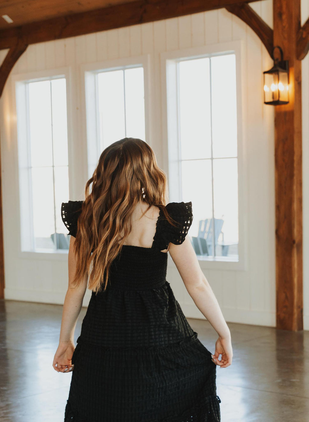 Maxi Smocking Dress in Sheer Gingham - Black