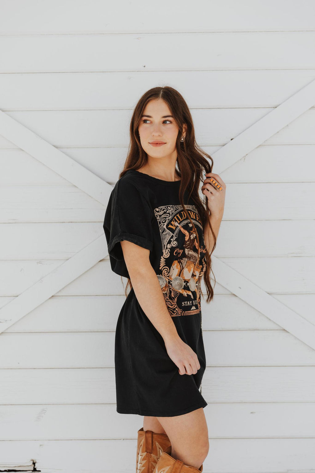 WILD WEST COWBOY RODRO GRAPHIC MINERAL WASHED DRESS - BLACK
