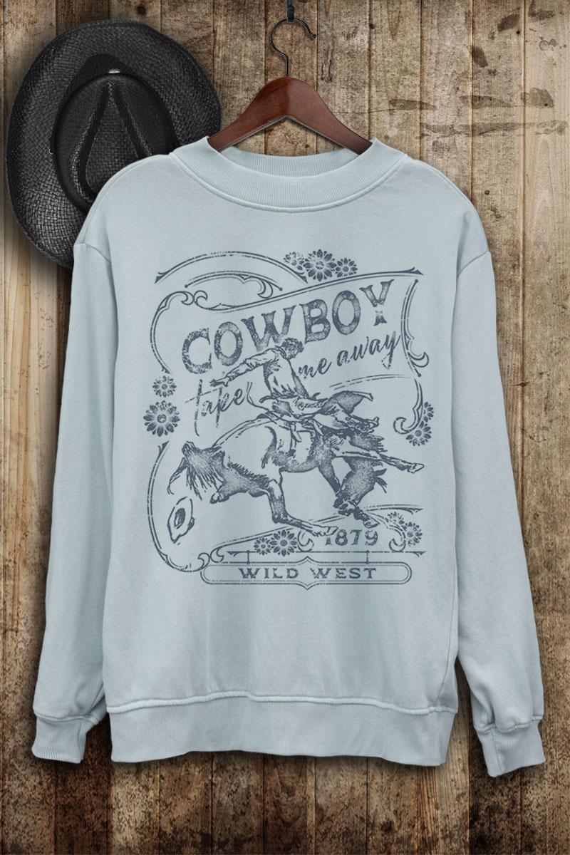 COWBOY TAKE ME AWAY WILD WEST LONG SLEEVE SWEATSHIRT - MINERAL LIGHT BLUE