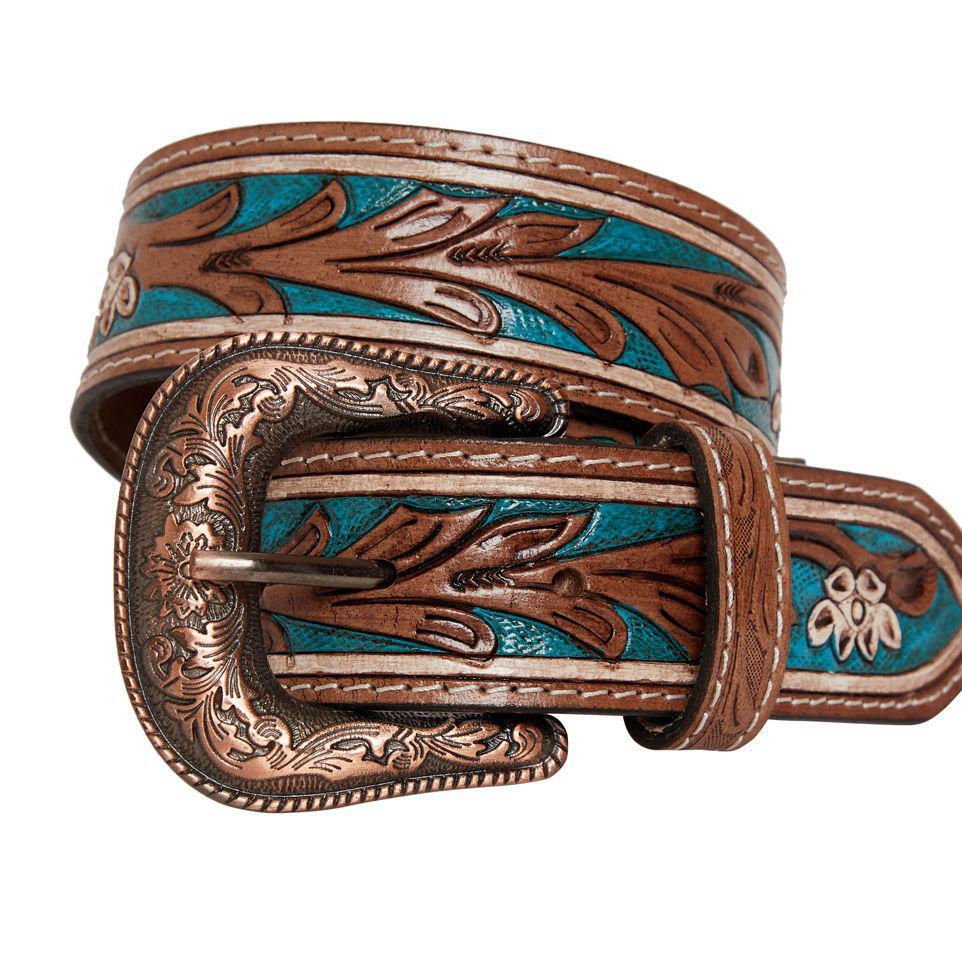 COBALT SEA HAND-TOOLED LEATHER BELT S-4061