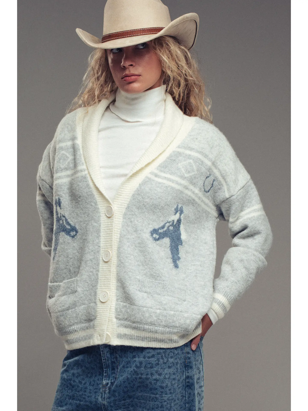 Horse Motif Shawl Collar Cardigan - GREY