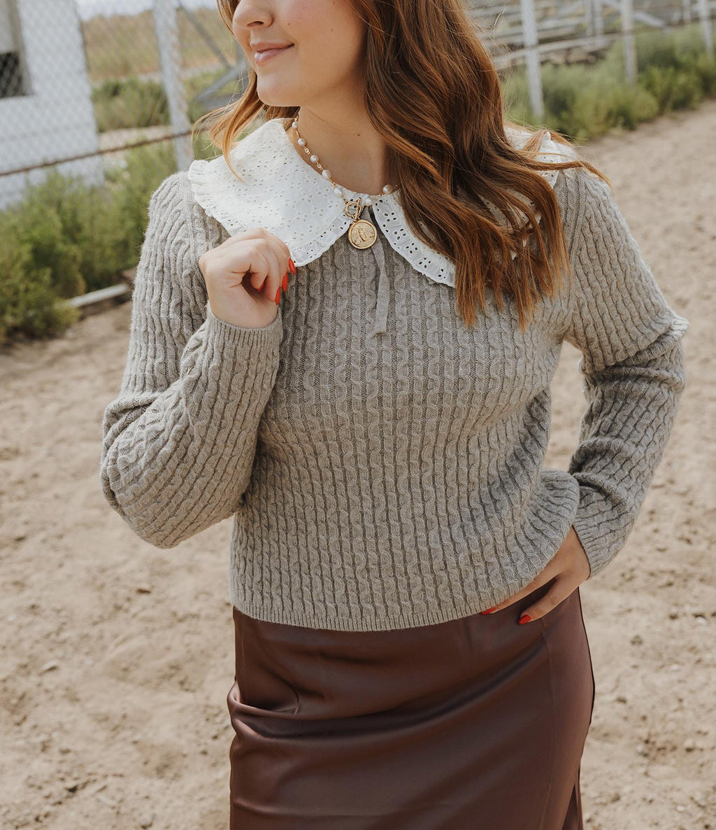 Long Sleeve Cable Knit with Crochet Collar