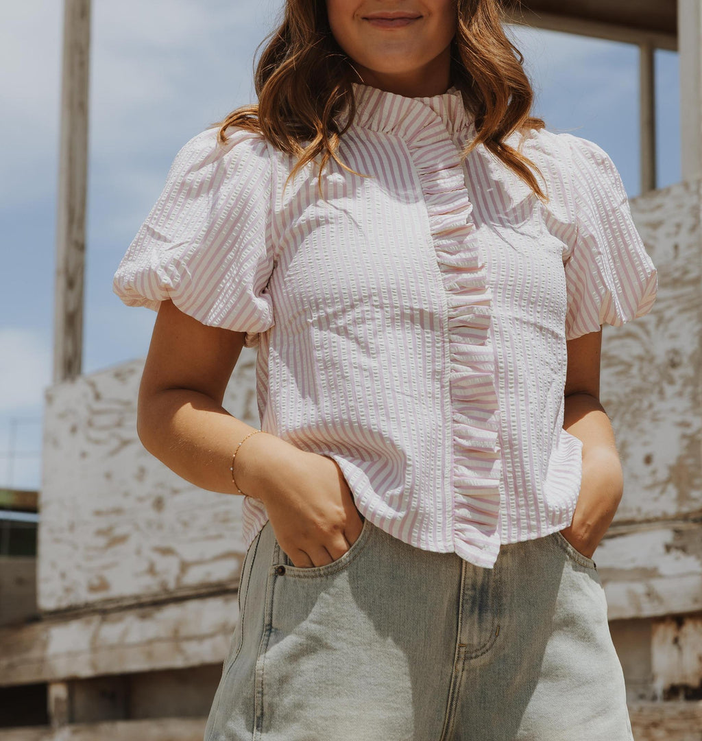 Striped Ruffle Button Down Top - Sweet Pink