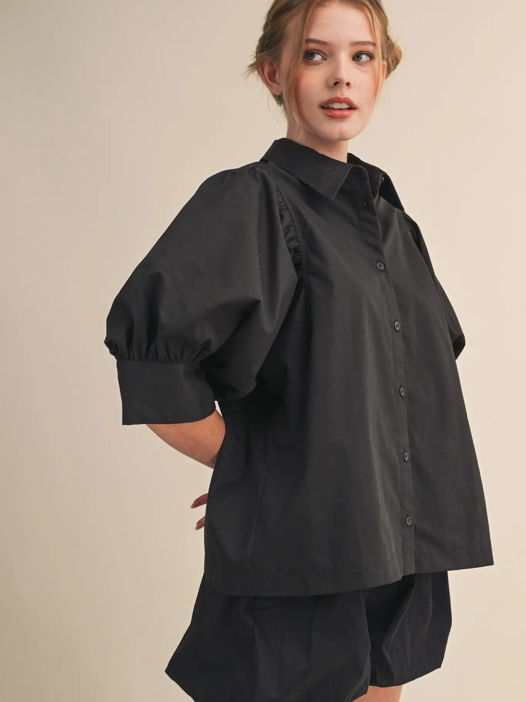Puff Sleeve Button Down Top - BLACK