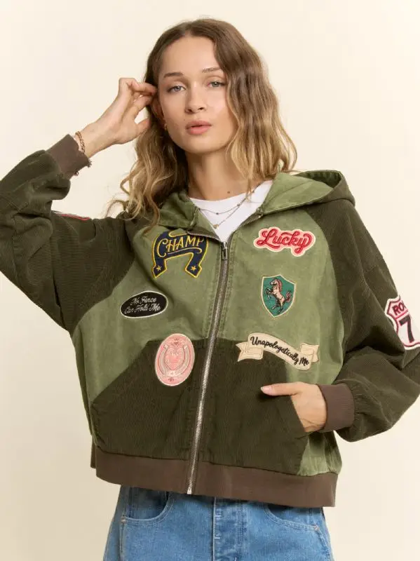 Vintage Patchwork Corduroy Hooded Jacket