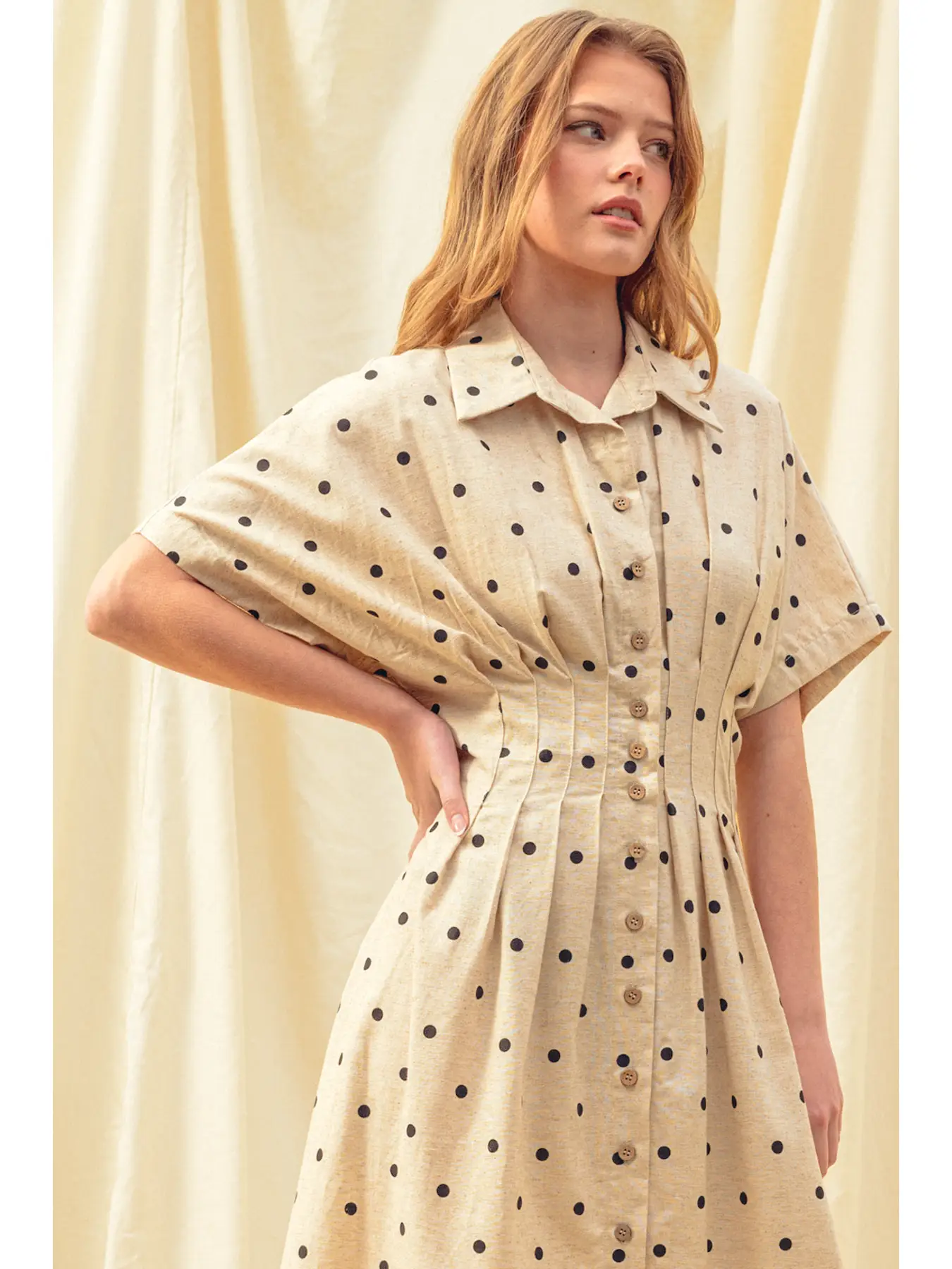 Polkadot Print Short Sleeve Button Front Dress