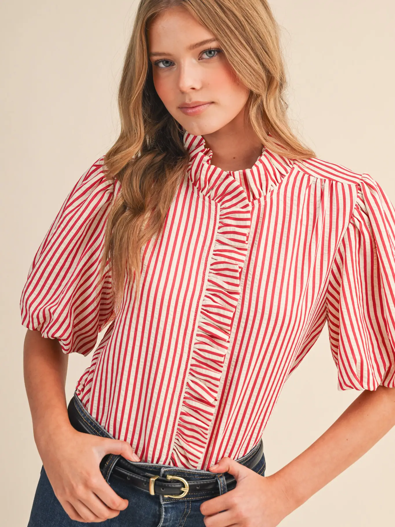 Striped Ruffled Button Down Top - BERRY RED