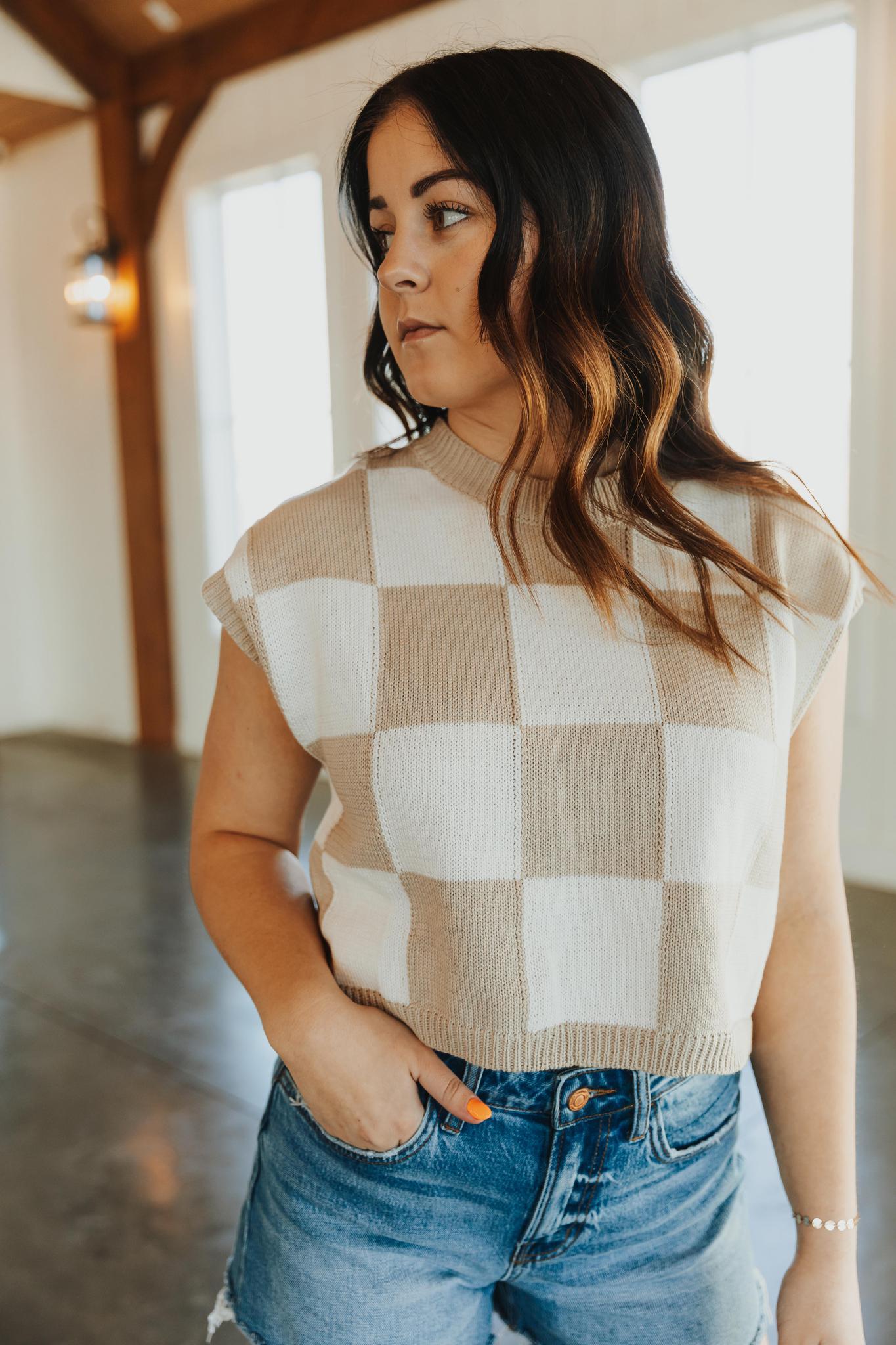Hannah Loose Fit Checker Knit Top - Taupe