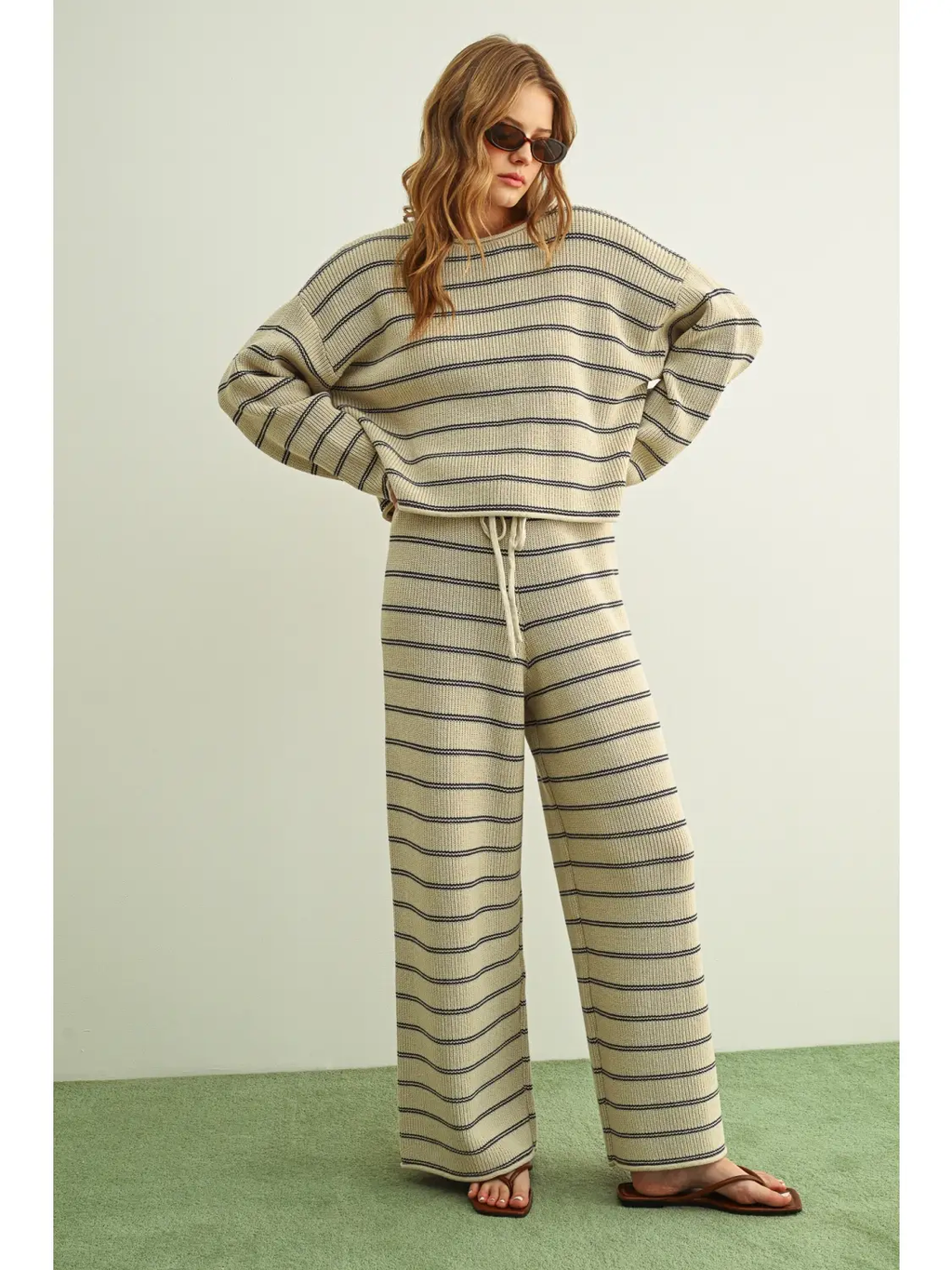Striped Pattern Long Sleeve Sweater Top - BEIGE/BLUE