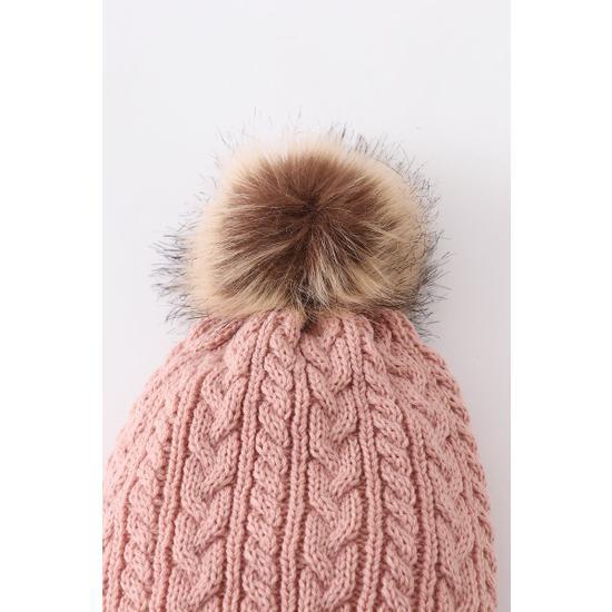 DUST ROSE CABLE KNIT POM POM BEANIE