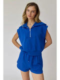 Half Zip Cropped Sweatshirt and Shorts Set - Cobalt Blue