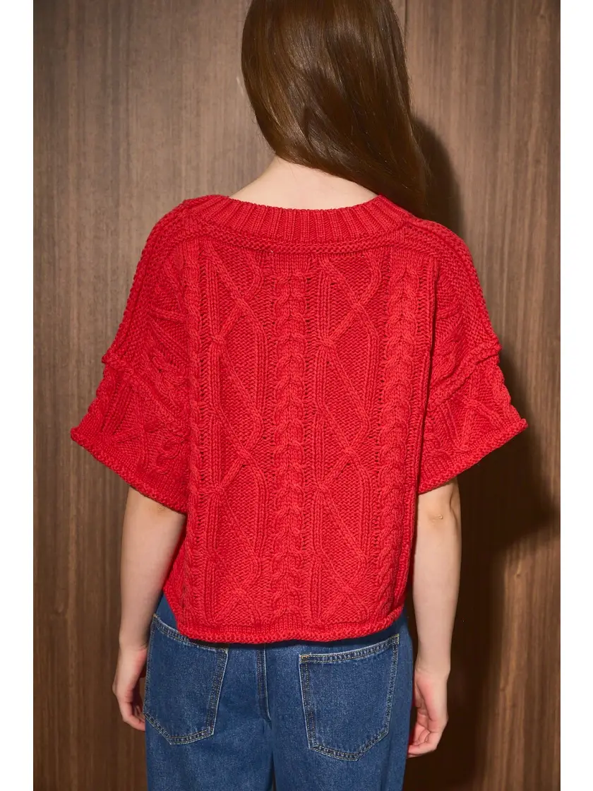Cable Knit Short Sleeve Crew Neck Sweater Top - RED