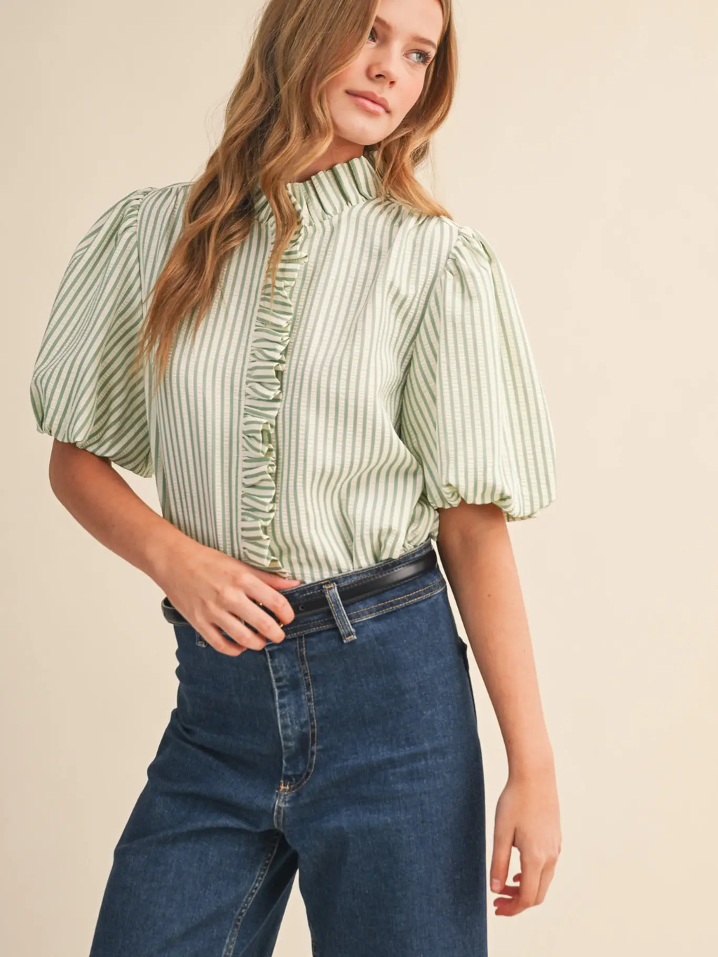 Striped Ruffled Button Down Top - SEAFOAM GREEN