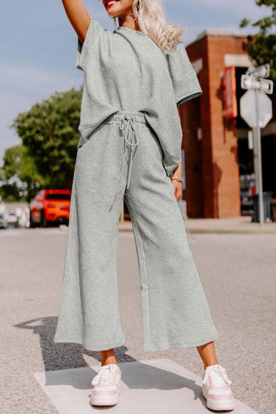 Gray Textured Loose Fit T Shirt and Drawstring Pants Set - Grey