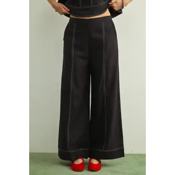 Stitch Detailed Wide Leg Linen Pants - Navy