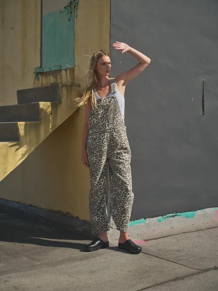 Leopard Print Slouchy Relax Fit Denim Overall