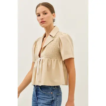 Smocked Linen Babydoll Open-Front Blouse with Ribbon - Natural