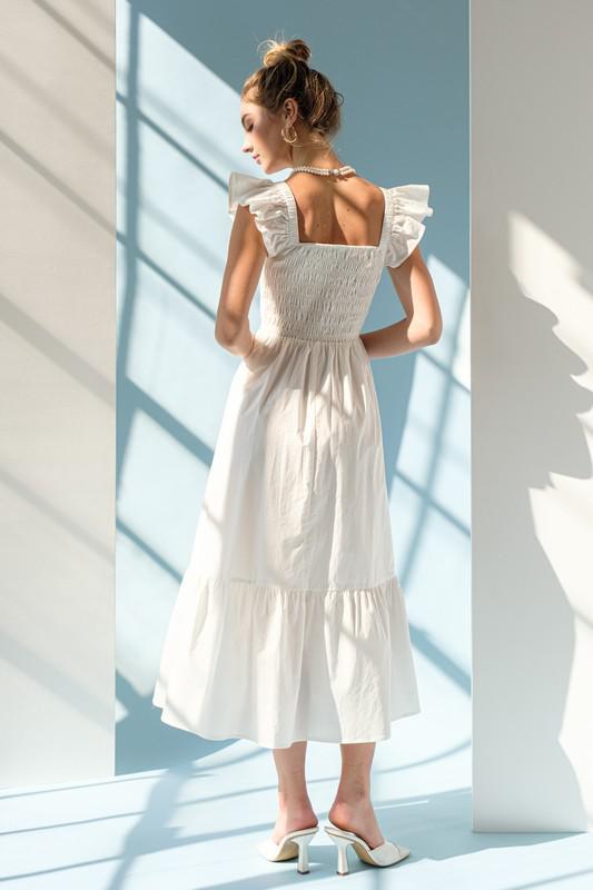 Olivia Ruffle Smocked Torso Poplin Midi Dress - White
