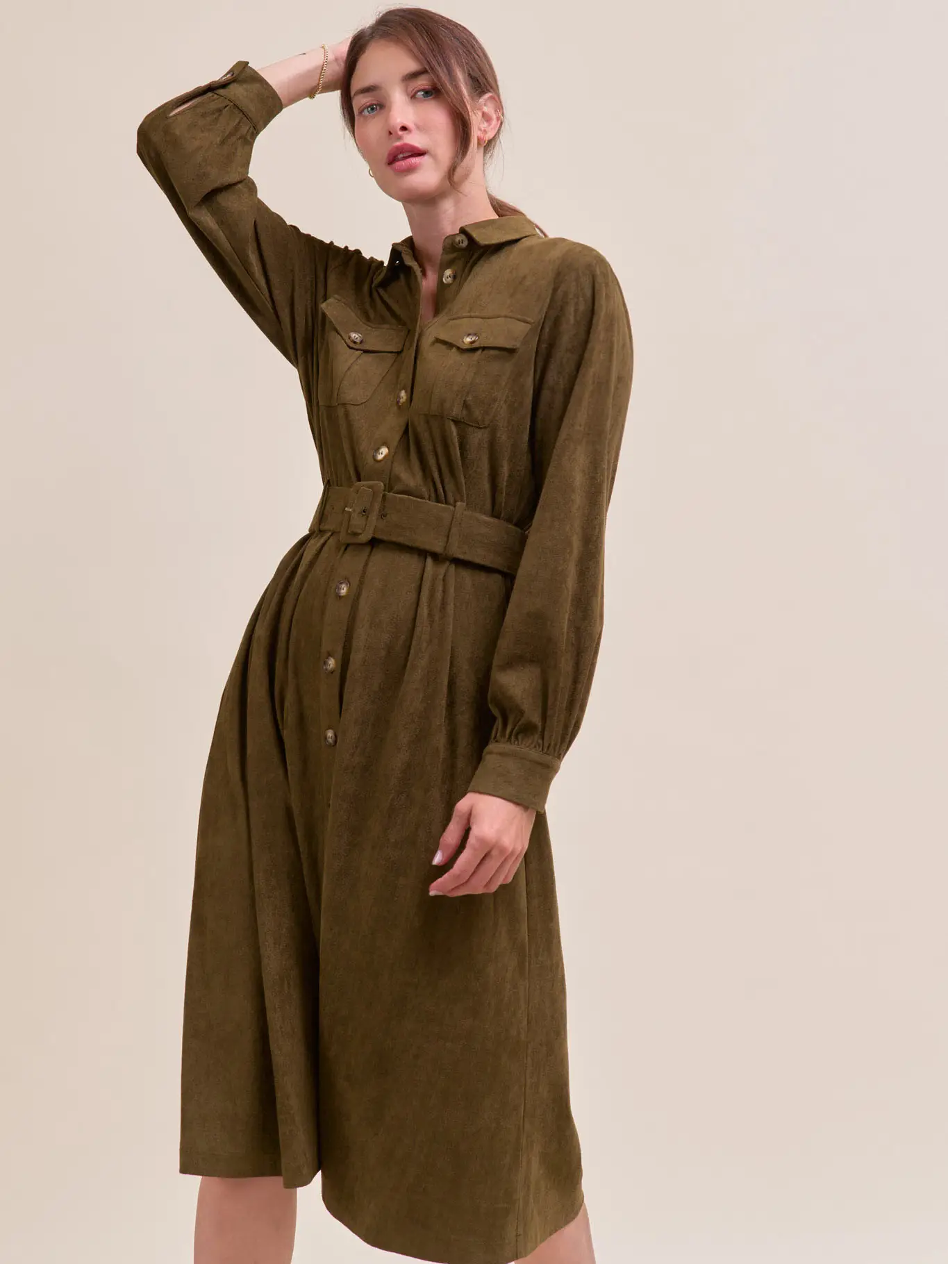 Suede Shirt Dress - OLIVE